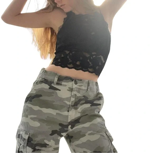 H&M black lace sheer top with tie up straps/back. - Picture 2 of 4